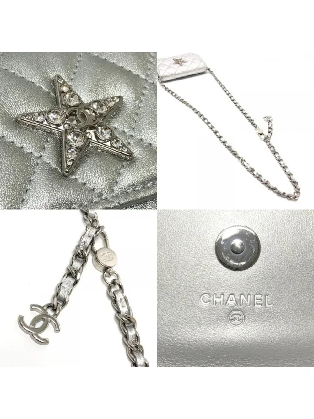 Chanel Shoulder Bag Star Rhinestone Leather Silver